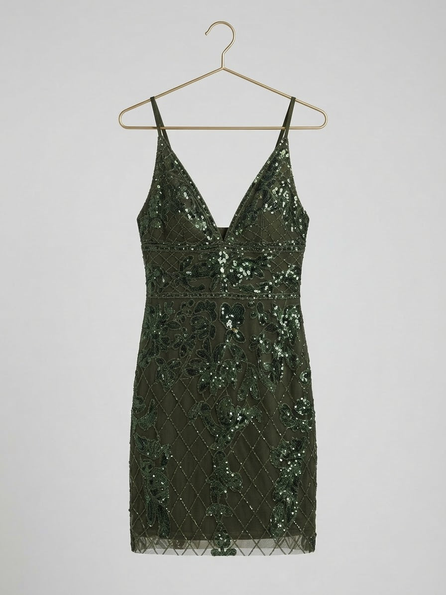 Vestido Corto Bordado Lentejuelas Verde Oliva