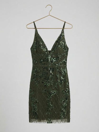 Vestido Corto Bordado Lentejuelas Verde Oliva