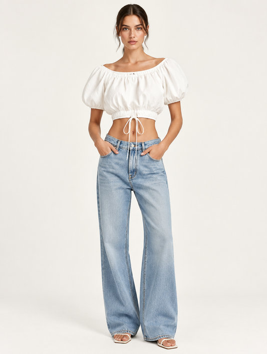 Blusa top mangas globo con tira talle M - foto editorial